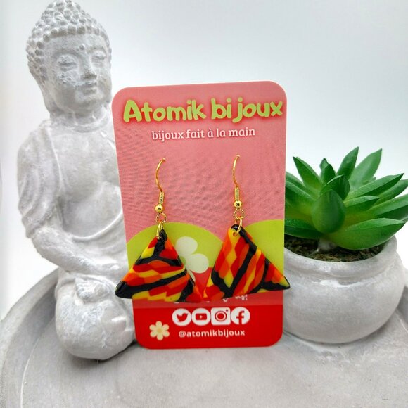 Handmade black, yellow, red and orange polymer clay earrings. Boucles d'oreilles - Picture 2 of 6